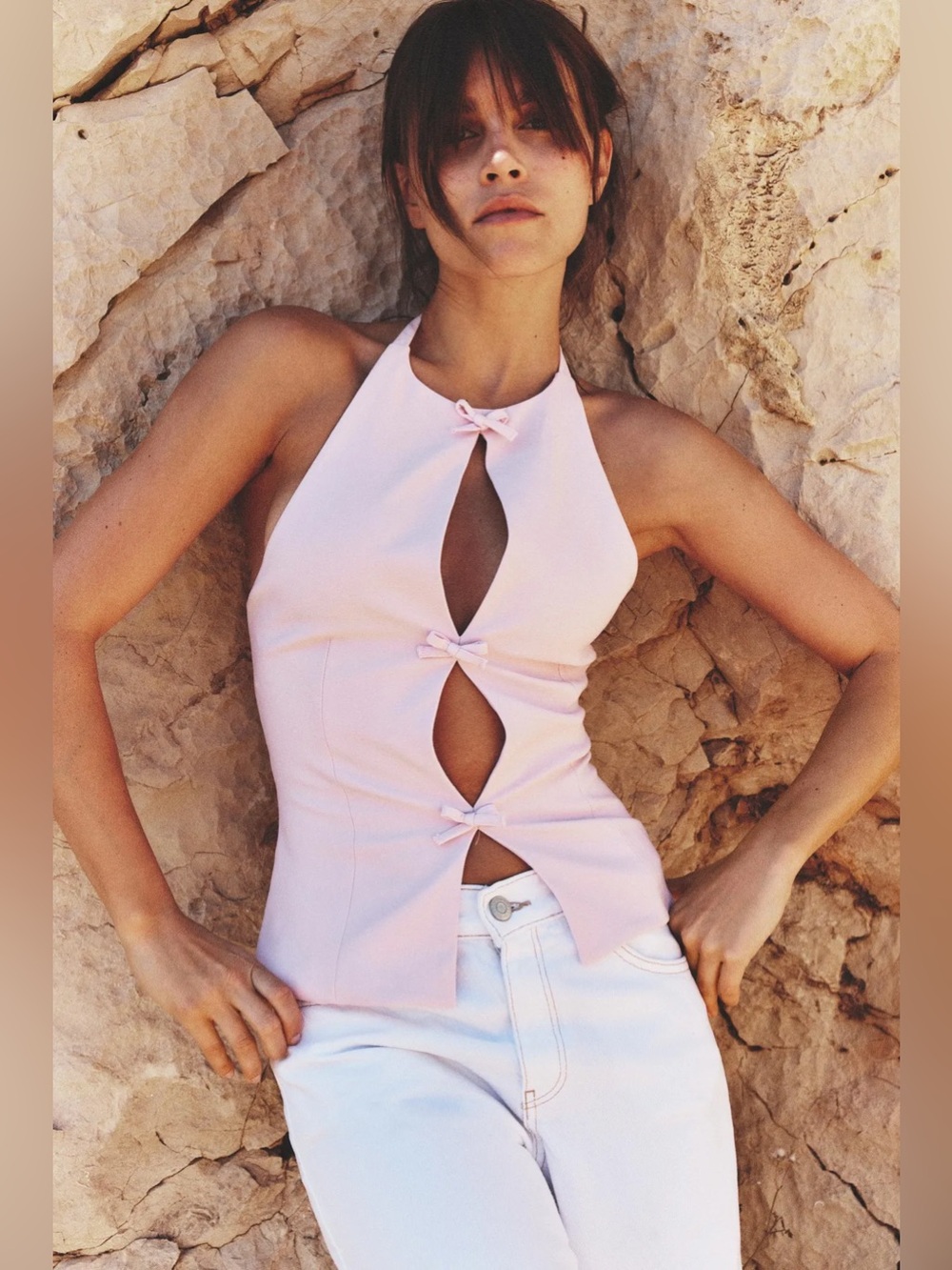 NWT Zara Pink Halter Top with Bows - Size Large